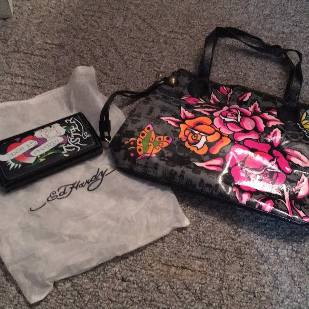Large Ed Hardy Purse with Wallet and Bag
